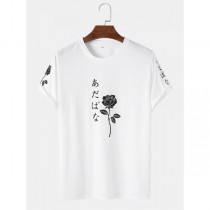 Men Japanese Characters & Rose Print Short Sleeve T-Shirts