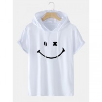 Mens Smile Pattern Short Sleeve Preppy Hooded T-Shirt