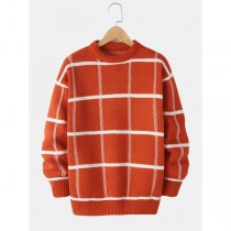 Mens Grid Pullover Long Sleeve Round Neck Knitted Sweaters