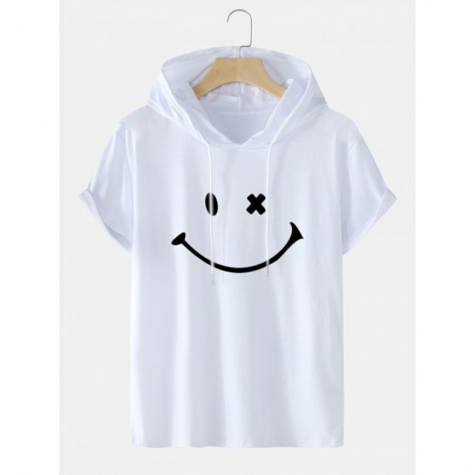 Mens Smile Pattern Short Sleeve Preppy Hooded T-Shirt