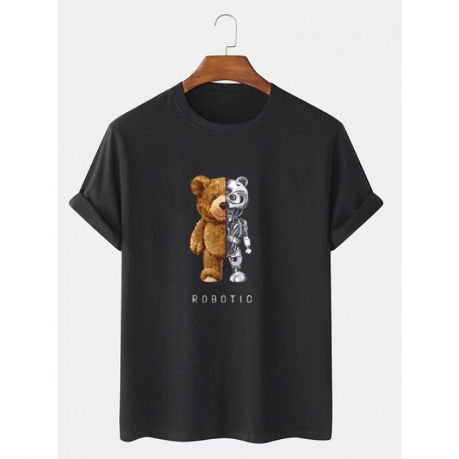 Mens 100% Cotton Bear Graphics Short Sleeve T-Shirt
