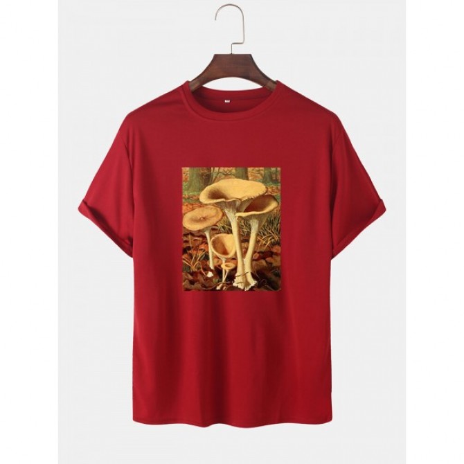 Mens Cartoon Mushroom Graphic O-Neck Community Spirit Cotton Short Sleeve T-Shirts