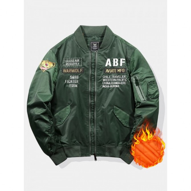 Mens Letter Pattern Baseball Collar Multi Pocket Waterproof Zipper Bomber Jacket
