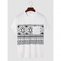 Men Tribal Print Chest Pocket Crew Neck Soft Short Sleeve Casual T-shirts