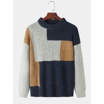 Mens Contrast Color Knitted Round Neck Pullover Sweaters