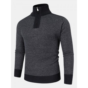 Men Knit Pure Solid Pullover Zip Stand Collar Velvets Warm Sweater