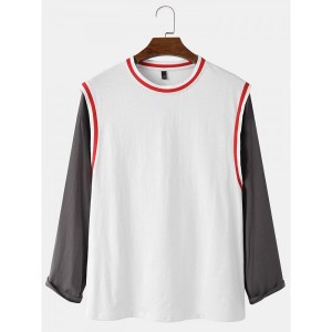 Mens Cotton Splicing Faux Two Pieces Full Sleeve T-Shirt