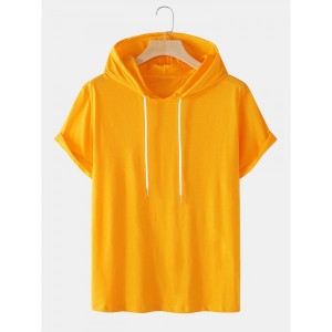 Mens Solid Color Basics Short Sleeve Drawstring Hooded T-Shirts