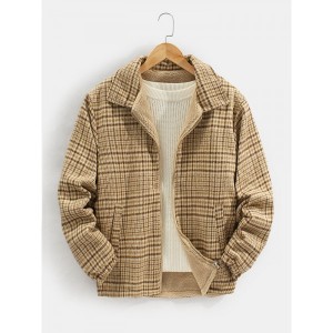 Mens Plaid Bear Letter Embroidered Lapel Reversible Fleece Casual Jacket