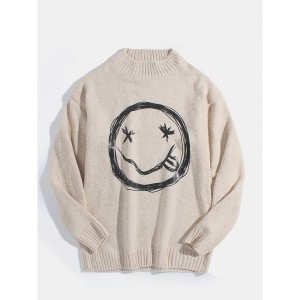 Mens Smile Face Print Crew Neck Knit Cotton Casual Pullover Sweaters